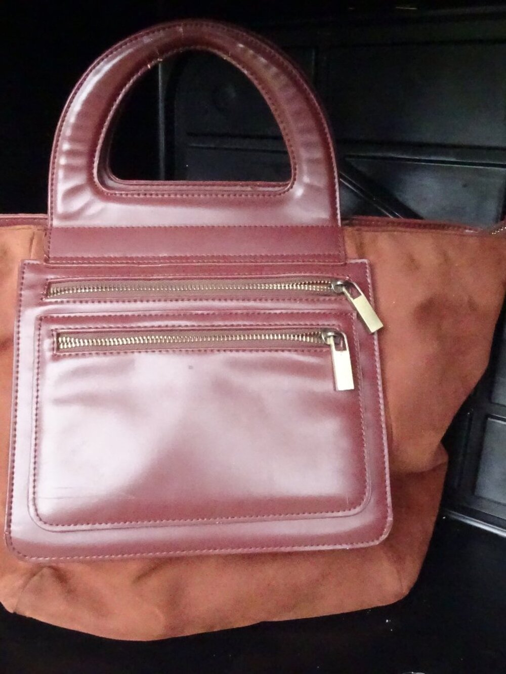 Anthropologie Large Suede Work Tote Bag Rust Burgundy Brass Hardware Laptop